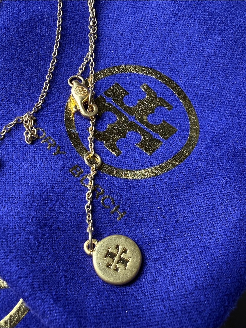 Tory Burch Gold-Tone Necklace with Green Striped Logo Pendant - Picture 3 of 4